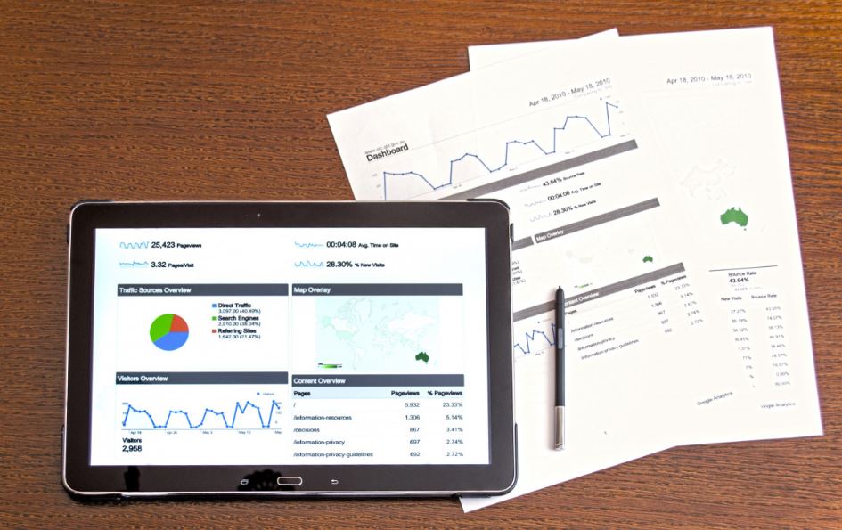 Instagram Analytics em tela de tablet e relatórios em folhas de papel